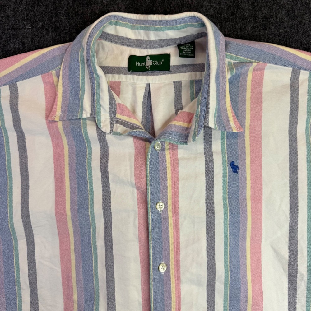 Hunt Club Oxford Shirt Mens XLT‎ Multicolor Pastel Stripe Cotton Short Sleeve